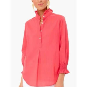 Tuckernuck Teagan Popover Blouse Coral Red Womens XXL Top Ruffle Elastic Cuff